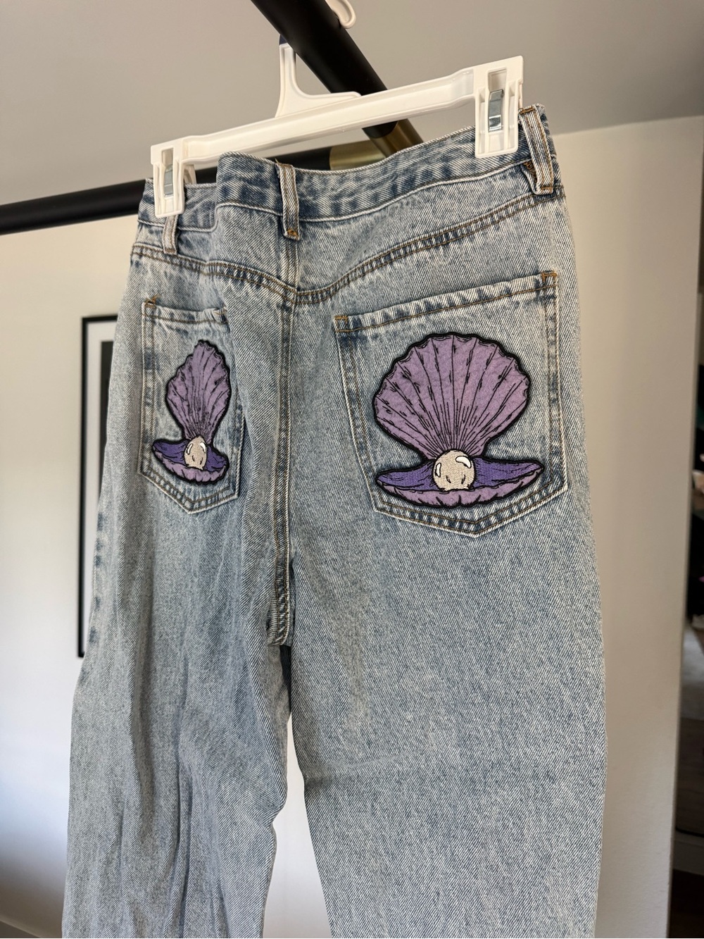 Forever 21 Light Wash Straight Leg Jeans with Purple Shell Patches